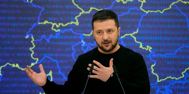 Ukrainian President Volodymyr Zelenskyy addresses a media conference after the EU-Ukraine summit in Kyiv, Ukraine, Friday, Feb. 3, 2023.