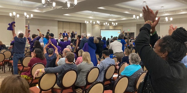 Florida Democrats cheer after electing former Agricultural Commissioner and gubernatorial candidate Nikki Fried as chair of the state party on Saturday, Feb. 25, 2023, in Orlando, Florida. 